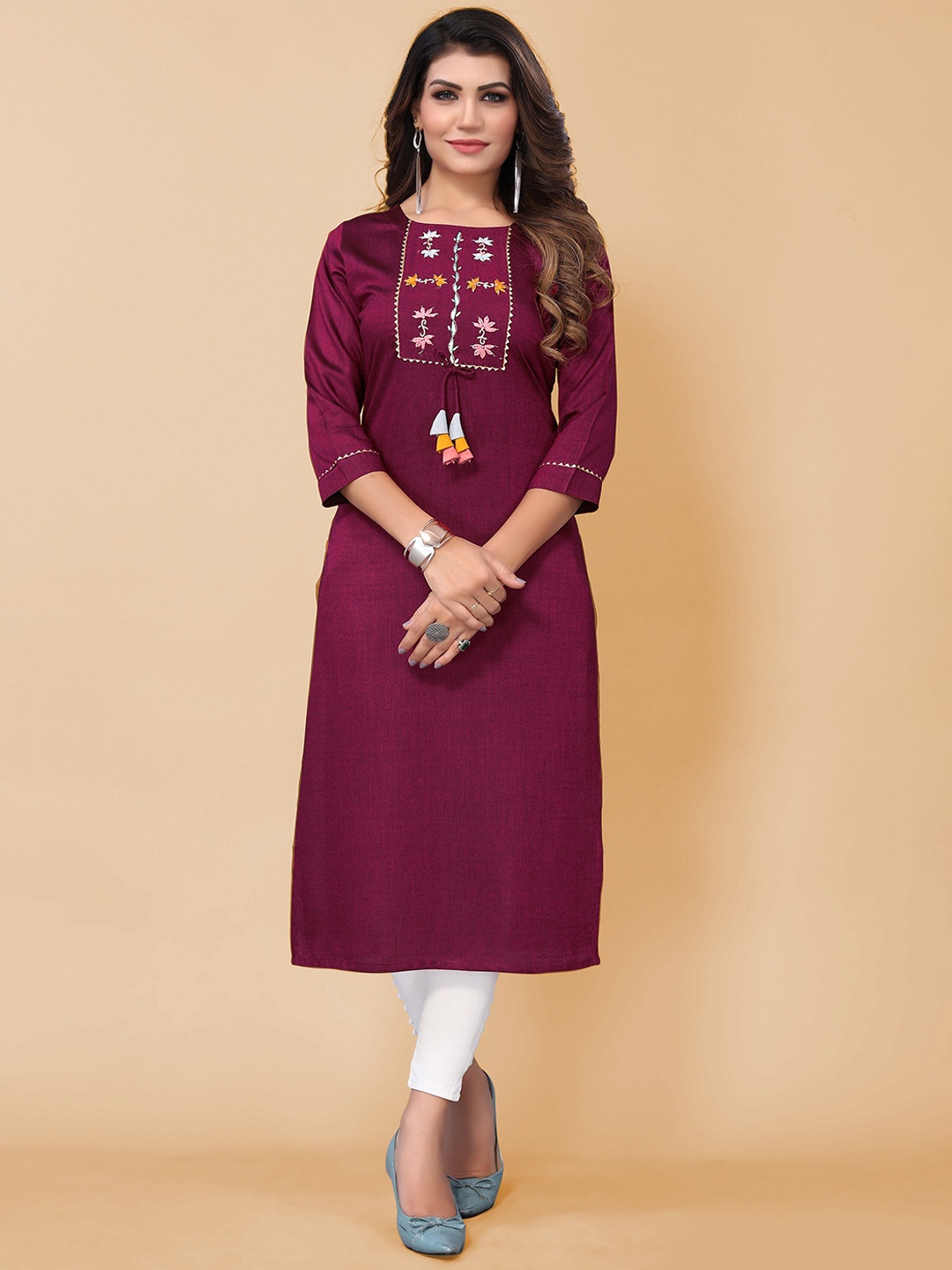 

KALINI Floral Embroidered Thread Work Cotton Kurta, Maroon
