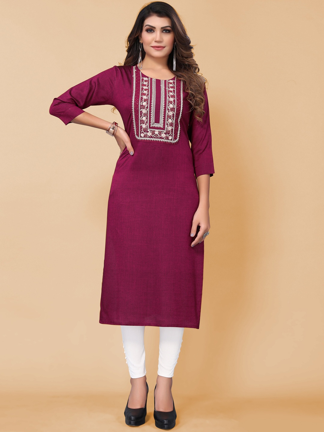 

KALINI Floral Embroidered Thread Work Straight Cotton Kurta, Purple