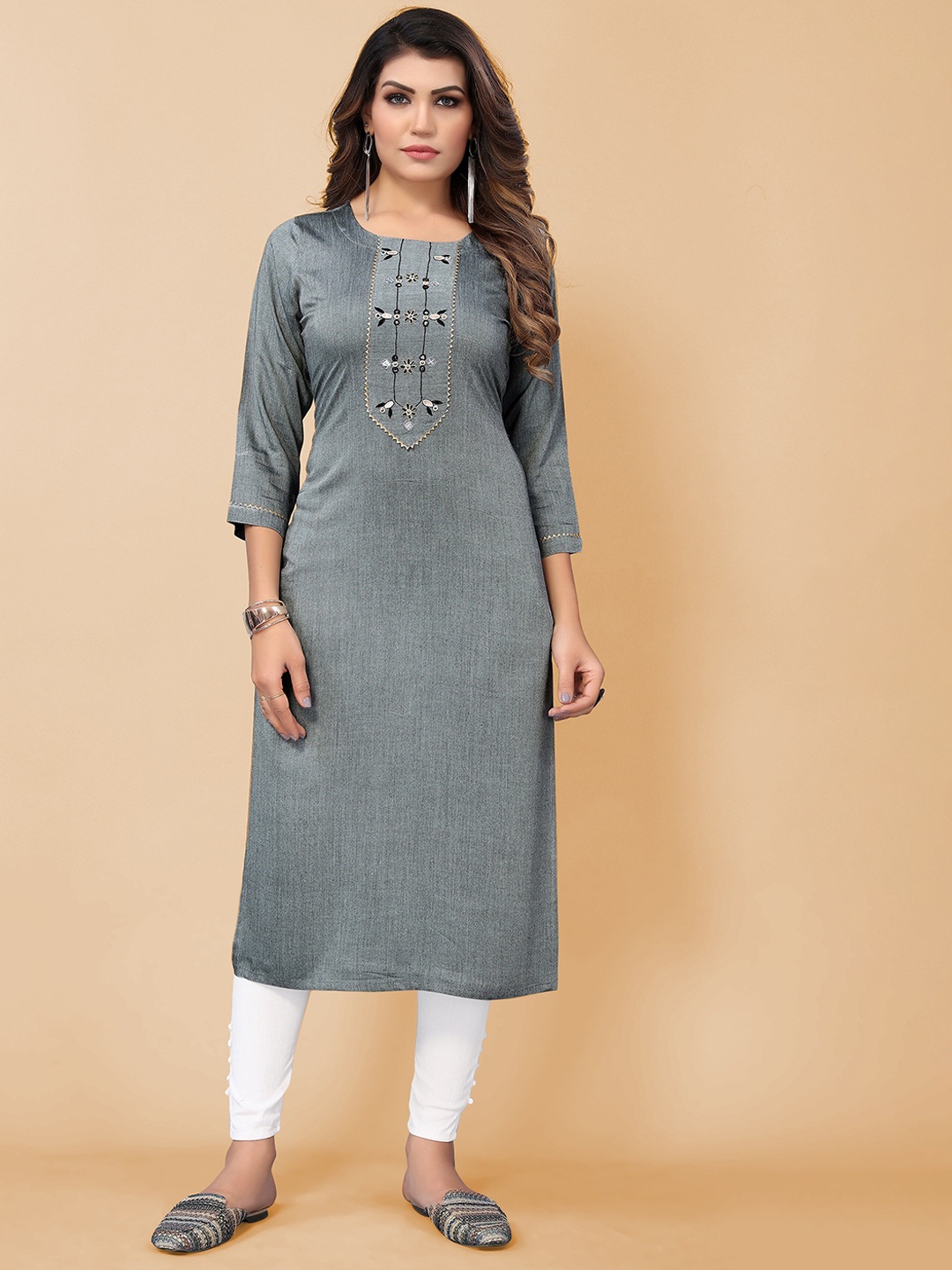 

KALINI Round Neck Floral Embroidered Thread Work Cotton Kurta, Grey