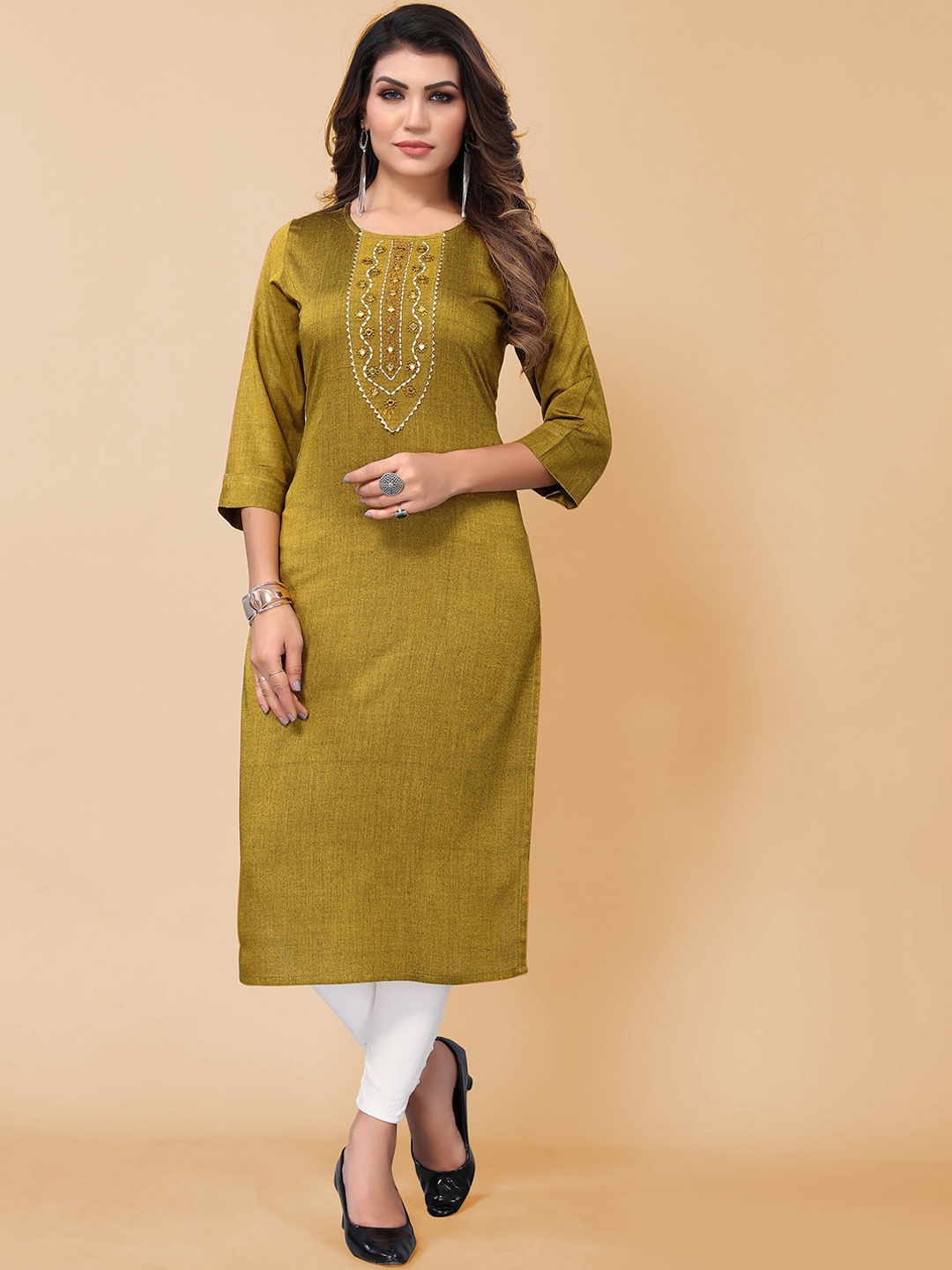 

KALINI Floral Embroidered A-Line Regular Cotton Kurta, Green