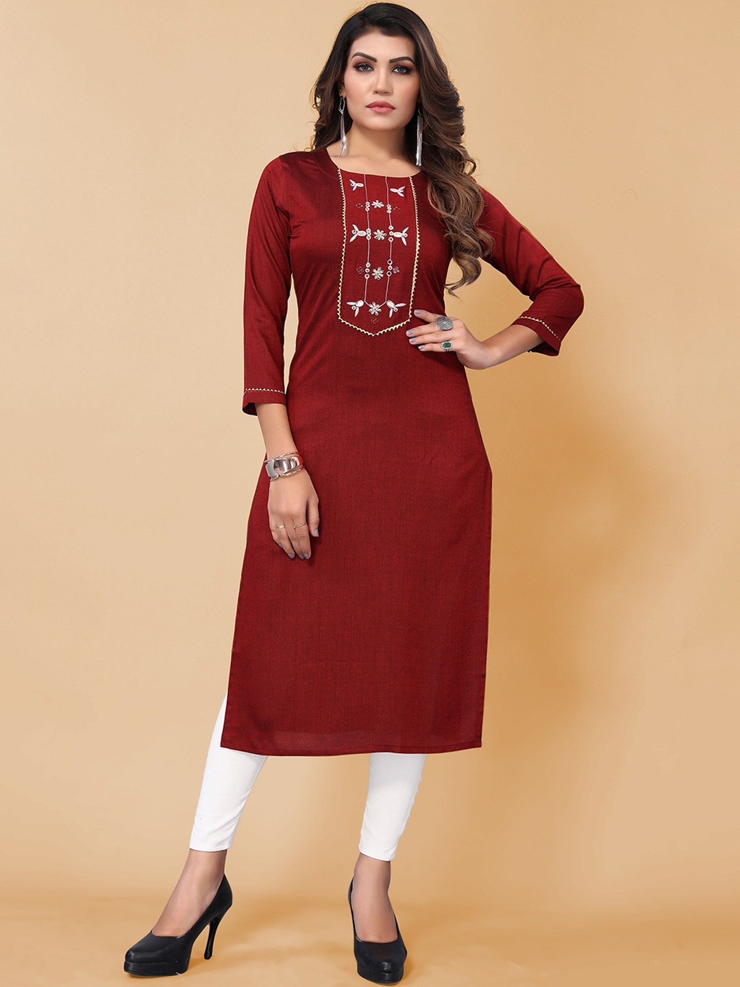 

KALINI Floral Embroidered Thread Work Cotton Kurta, Red