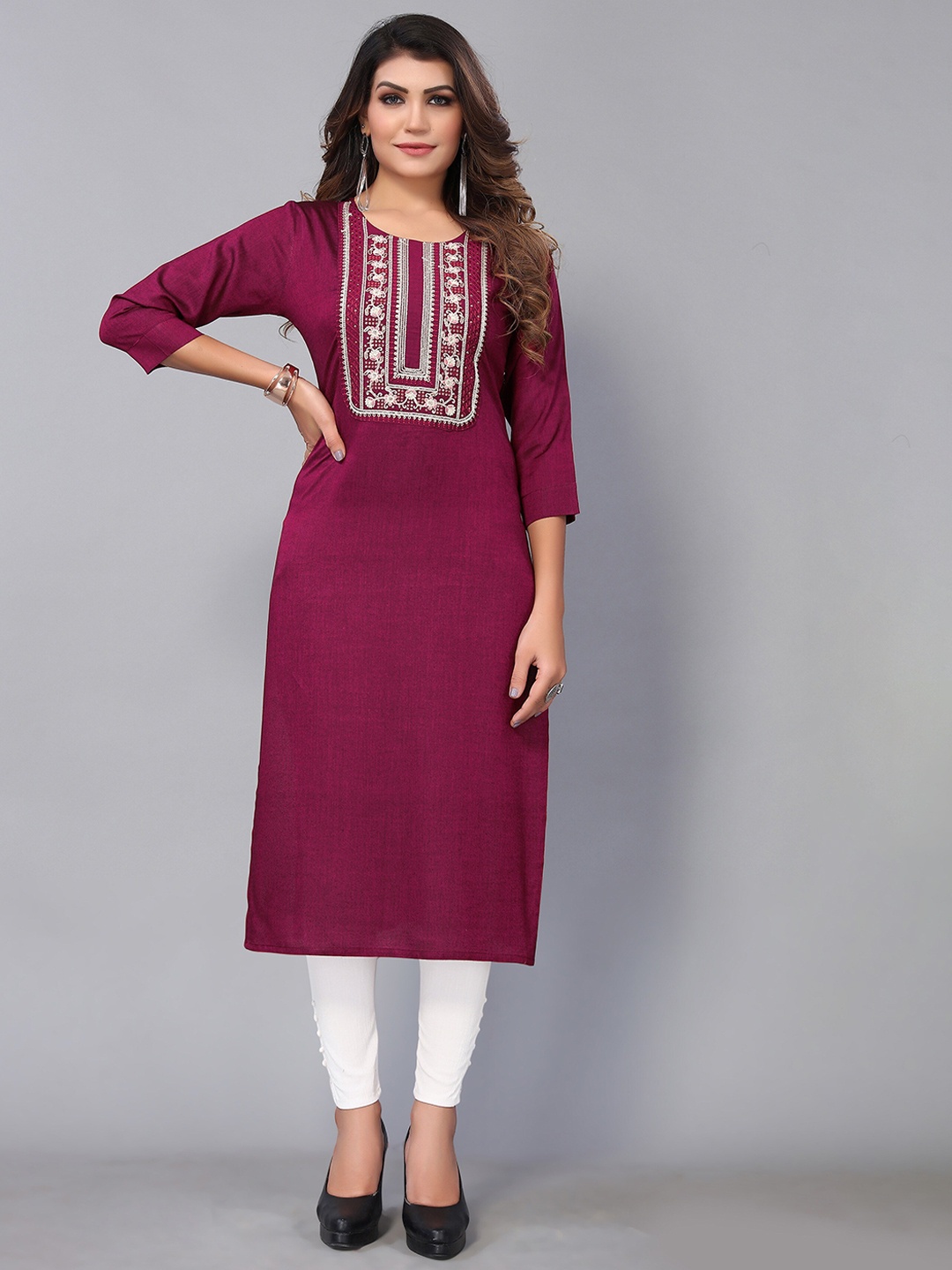 

Nimayaa Floral Yoke Design Thread Work Cotton Kurta, Purple