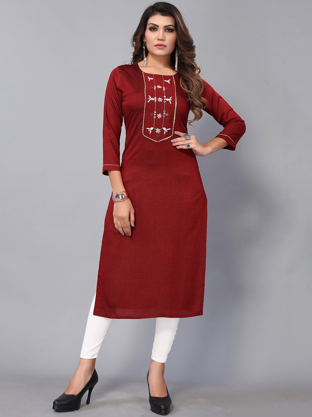 

Nimayaa Embellished Yoke Design Cotton Kurta, Red