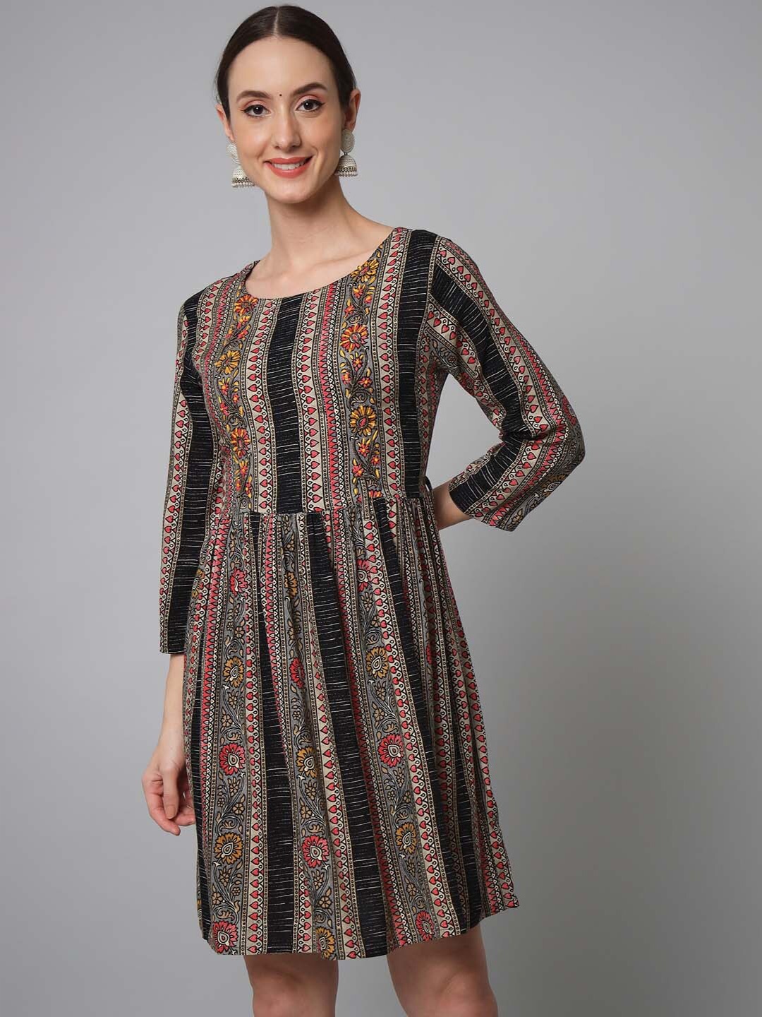 

KALINI Floral Printed Flared Short Dress, Black