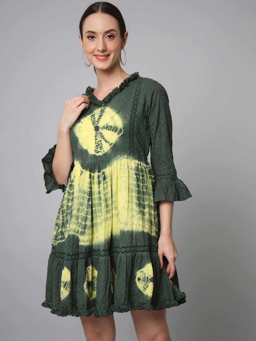

KALINI Tie and Dye Fringed Cotton Dress, Green