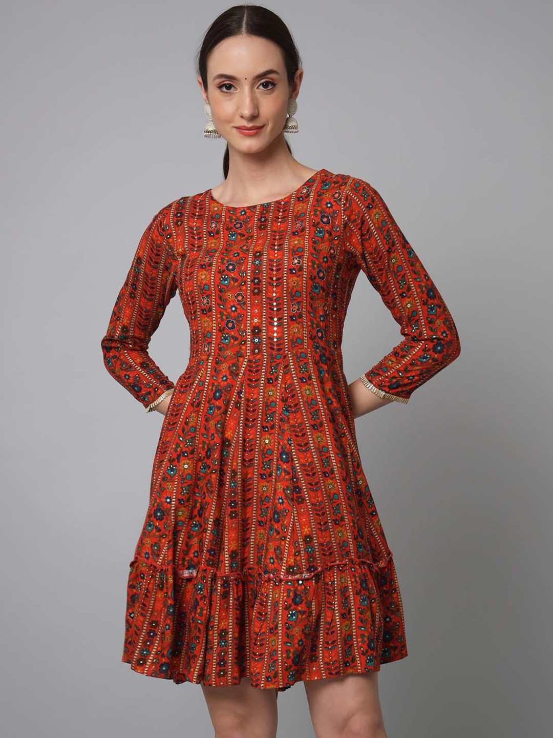 

KALINI Floral Printed Flared Short Dress, Red