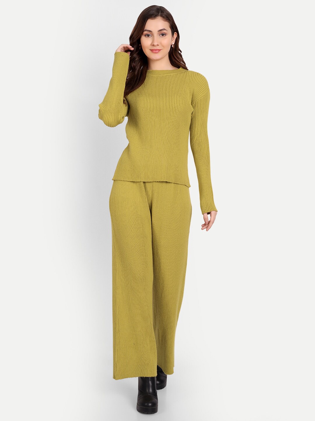 

iki chic Women Ribbed Round Neck Sweater with Palazzo, Green