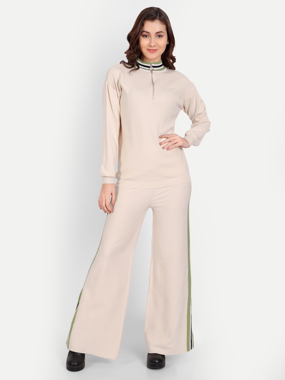 

iki chic Women High Neck Long Sleeves Co-Ords, Beige