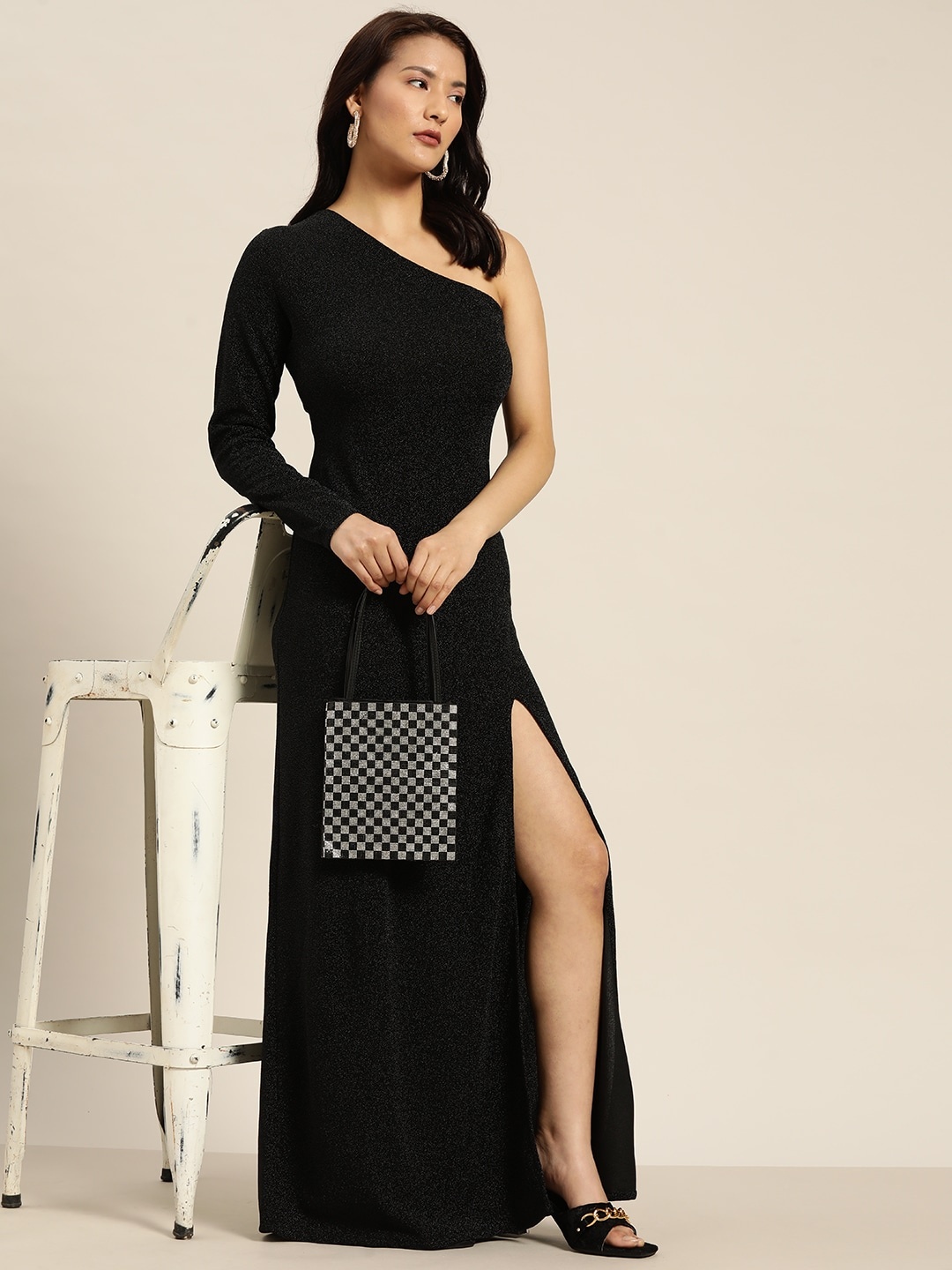 

Moda Rapido Shimmery One Shoulder High Slit Maxi Dress, Black
