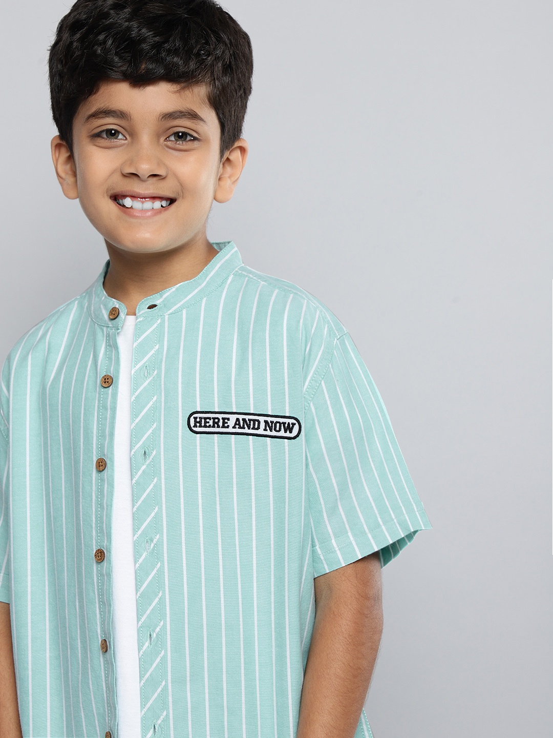 

HERE&NOW Boys Vertical Stripes Opaque Pure Cotton Casual Shirt With Embroidered Detail, Sea green