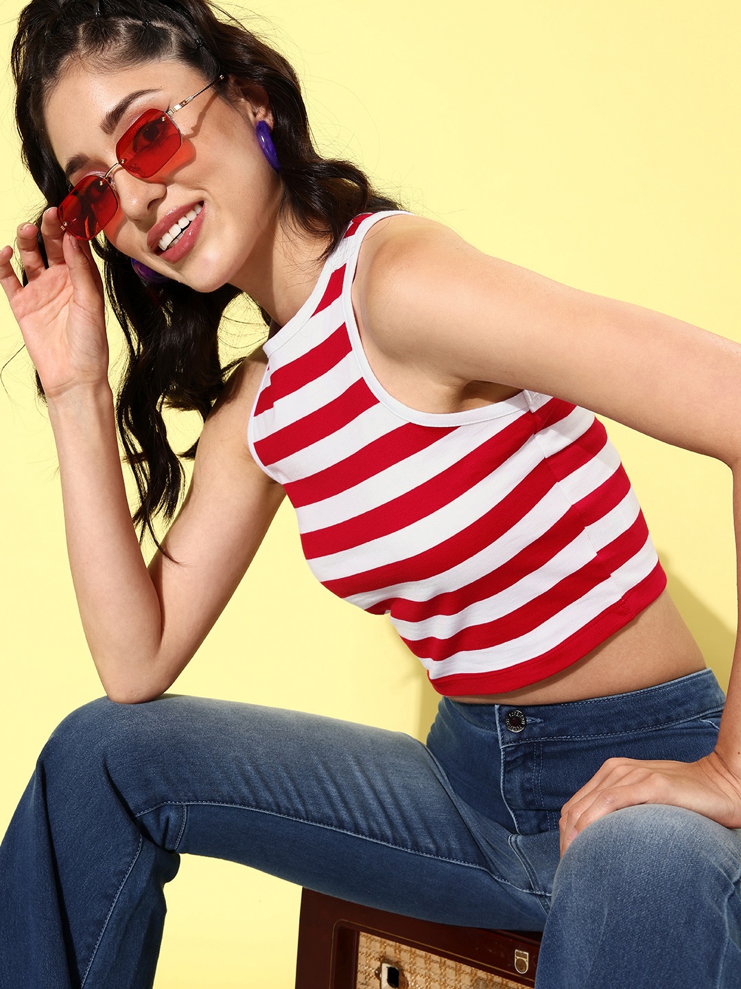 

Moda Rapido Sleeveless Round Neck Striped Top, Red