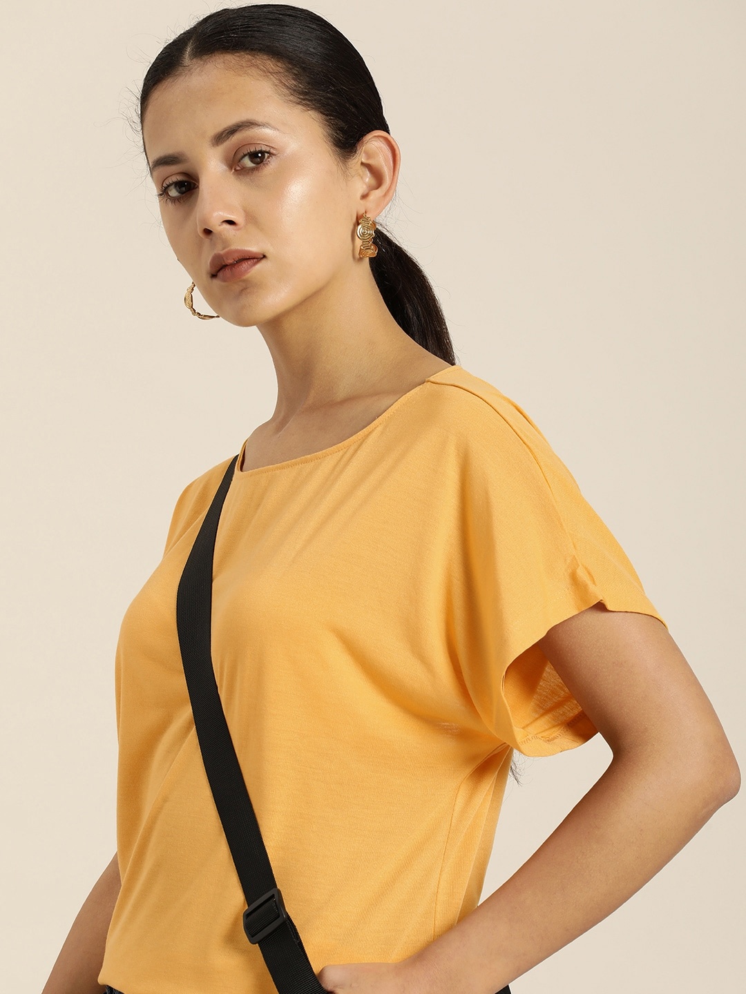 

her by invictus Solid Round-Neck Casual T-shirt, Mustard