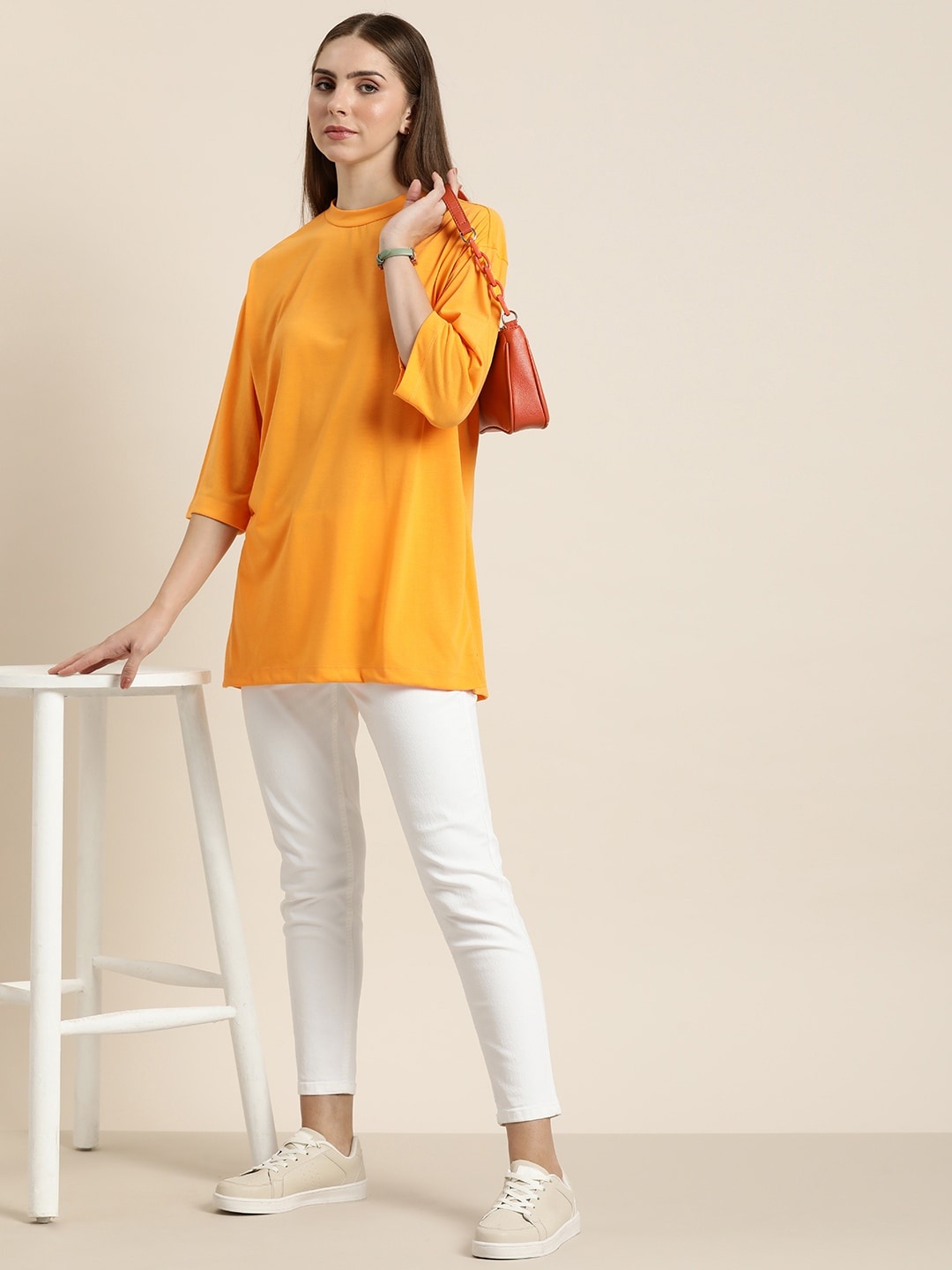 

her by invictus Women Solid Drop-Shoulder Oversized Longline T-shirt, Yellow