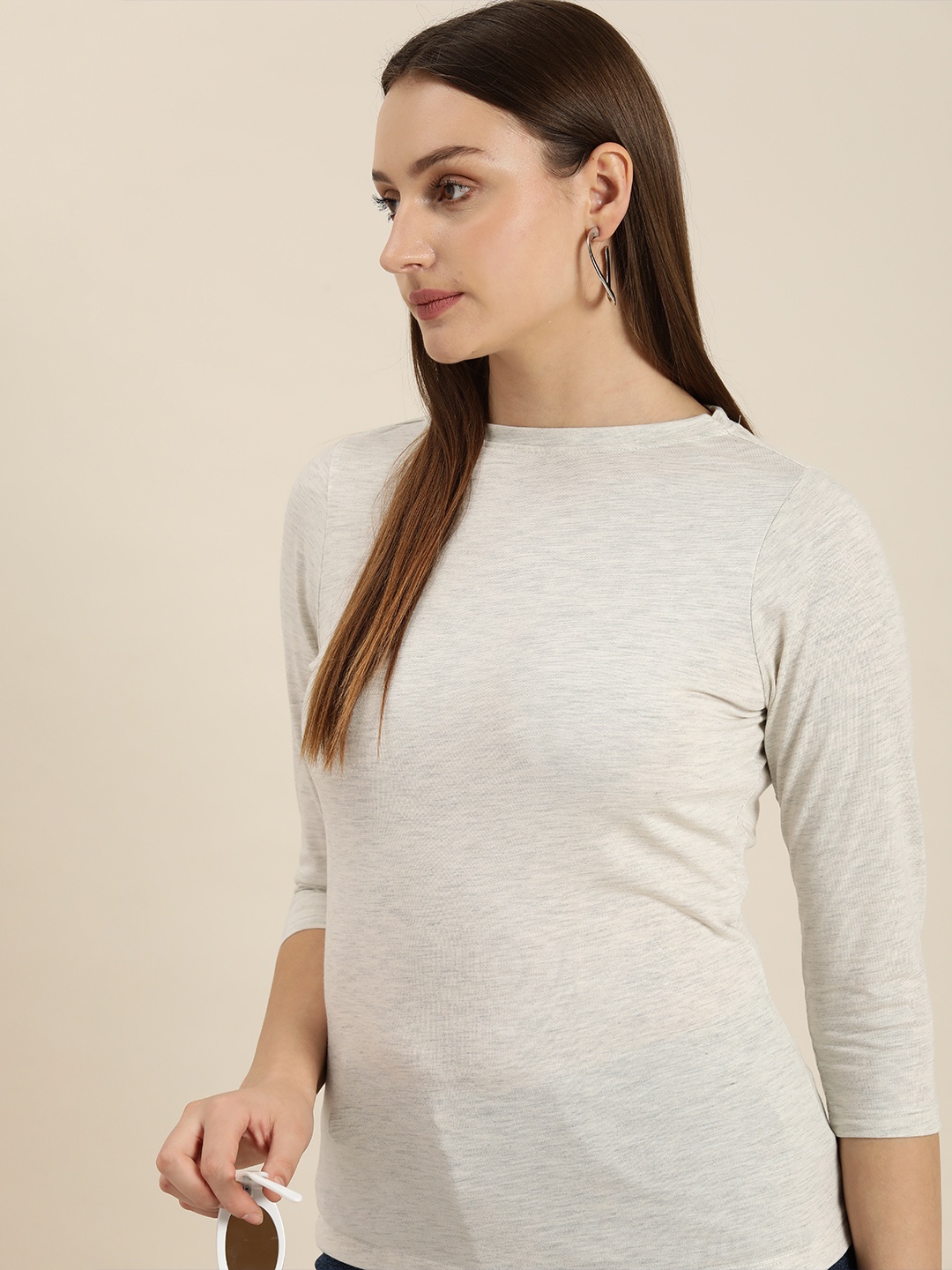 

her by invictus Women Solid Round Neck Three-Quarter Sleeves T-shirt, Grey melange