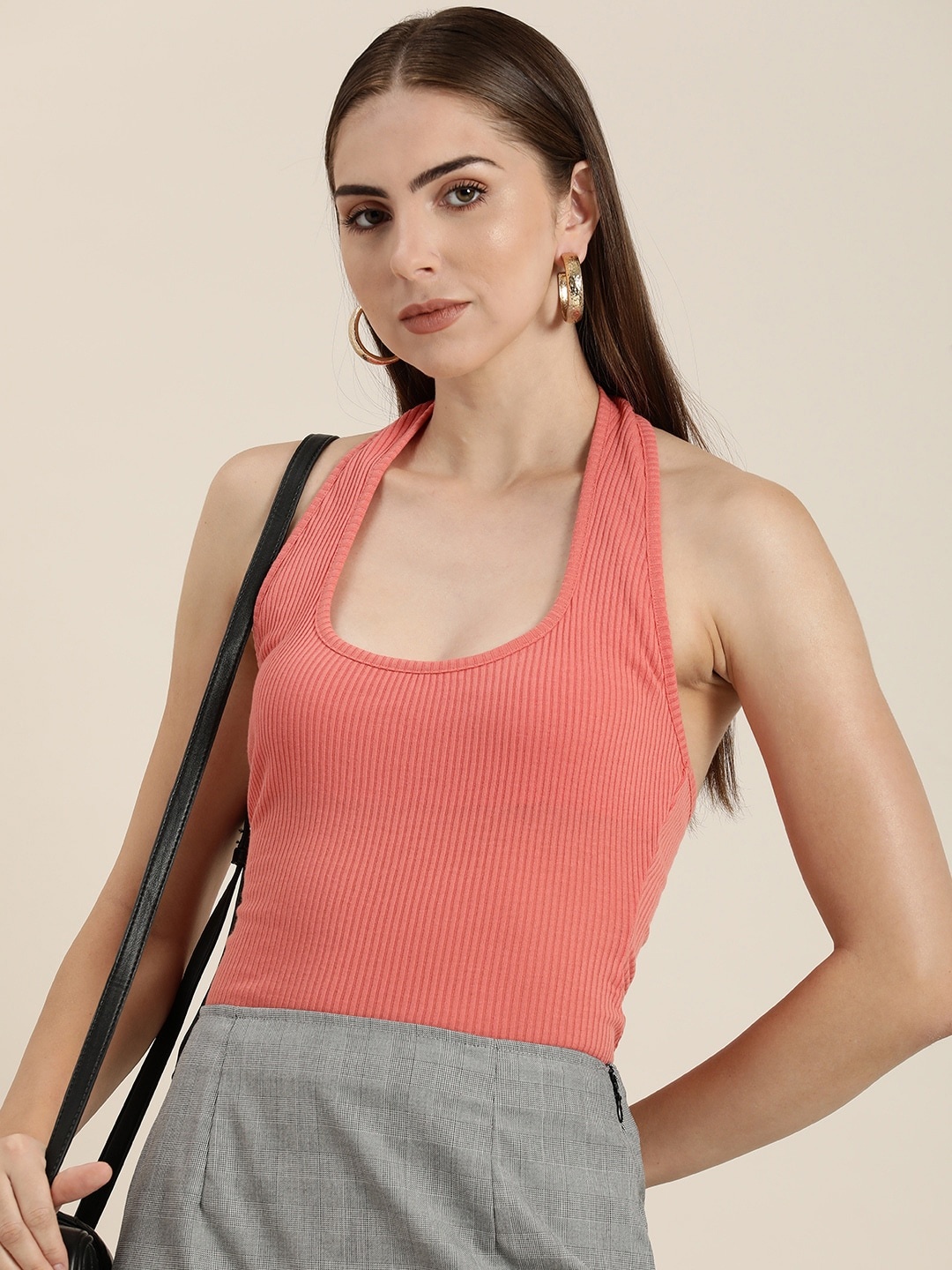 

her by invictus Self Design Halter Neck Sleeveless Top, Rose