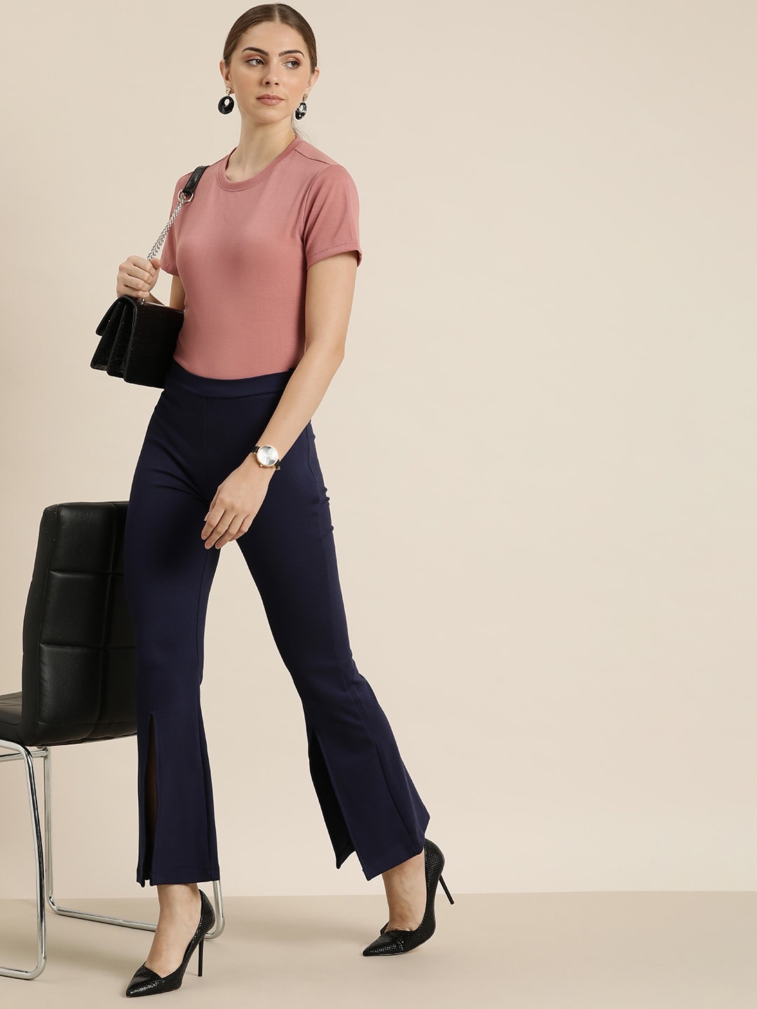 

her by invictus Women Solid Round Neck Casual T-shirt, Rose