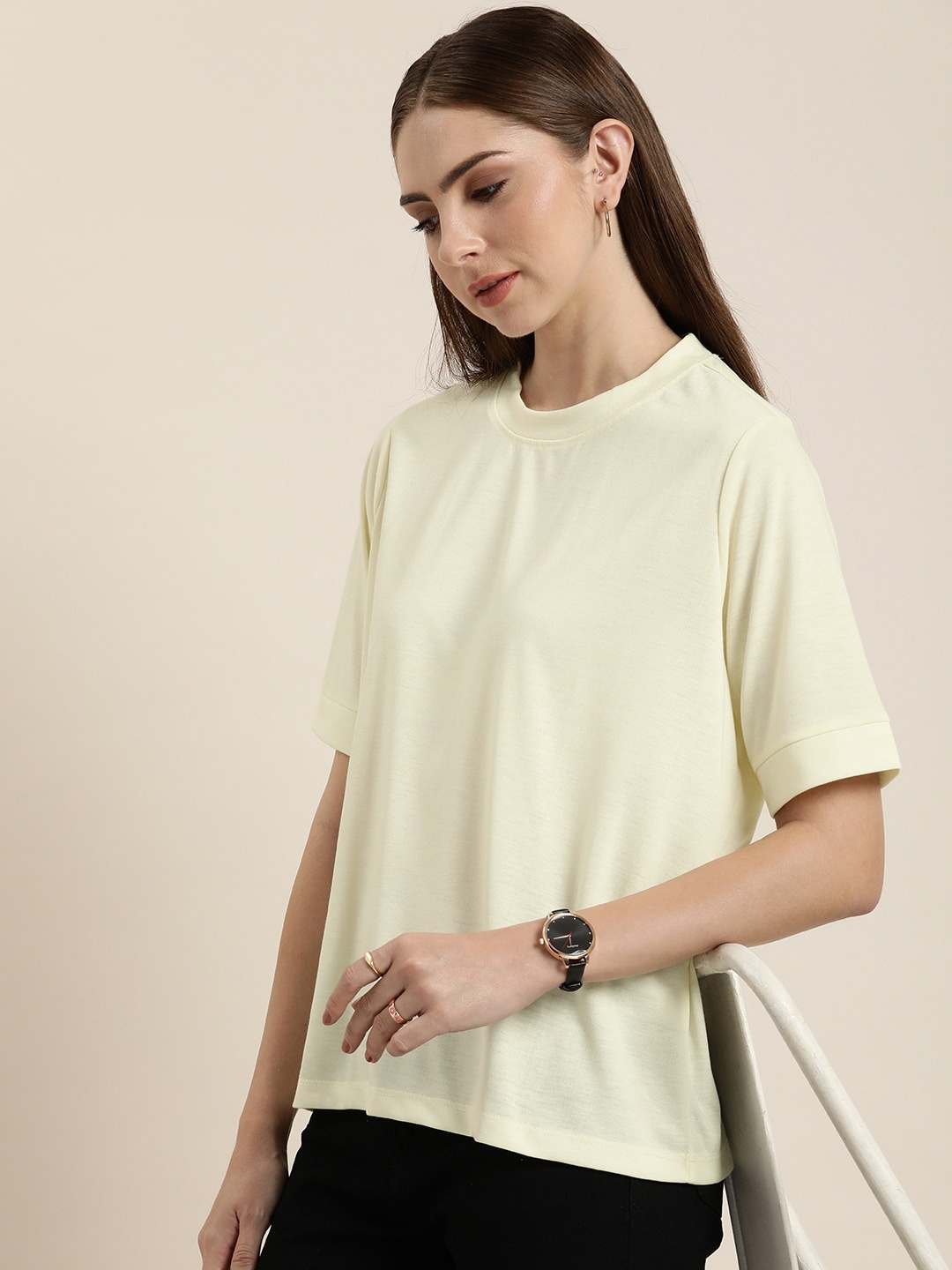 

her by invictus Women Solid Round Neck Relaxed Fit Casual T-shirt, Cream