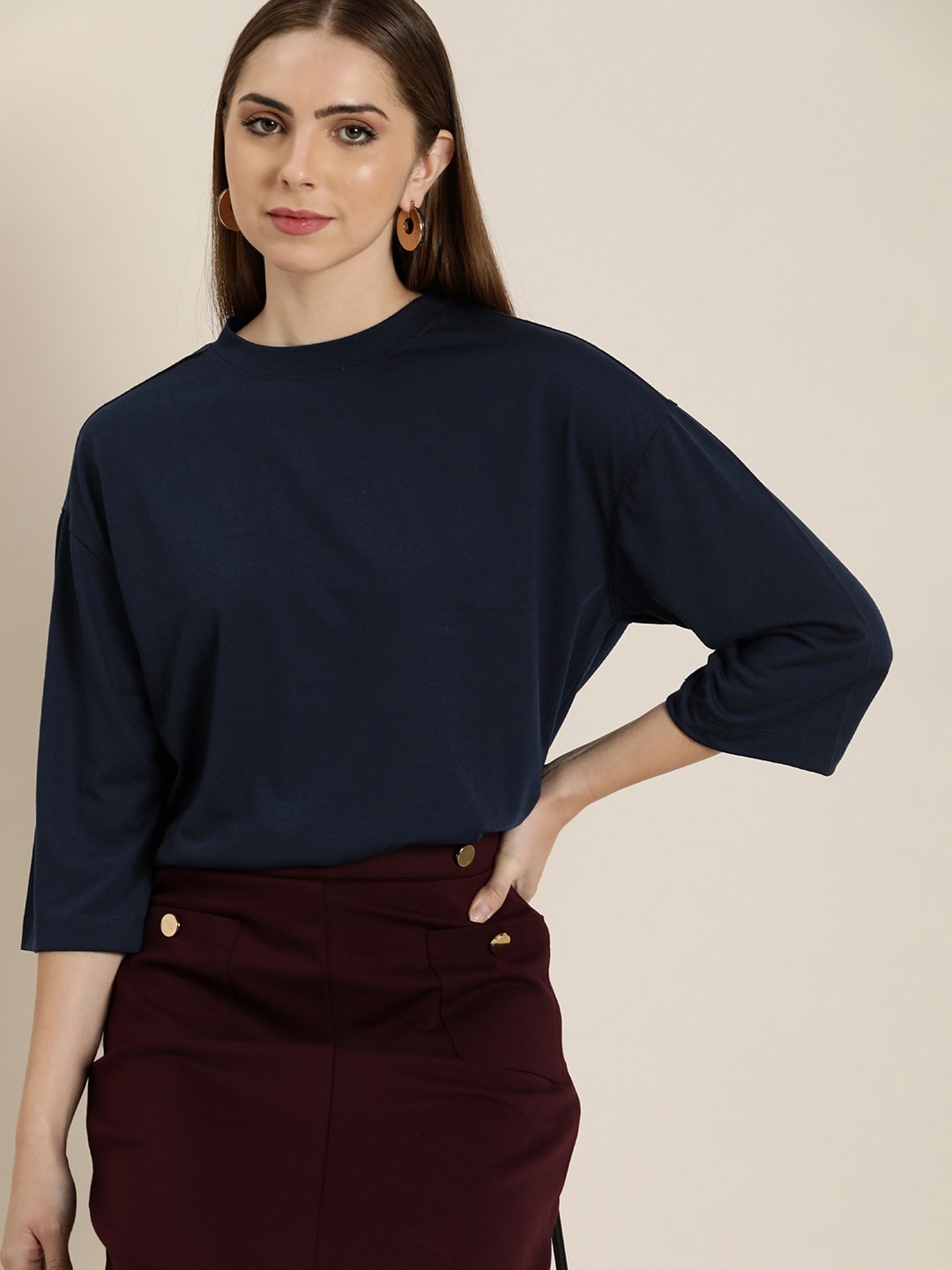 

her by invictus Women Solid Round Neck T-shirt, Navy blue