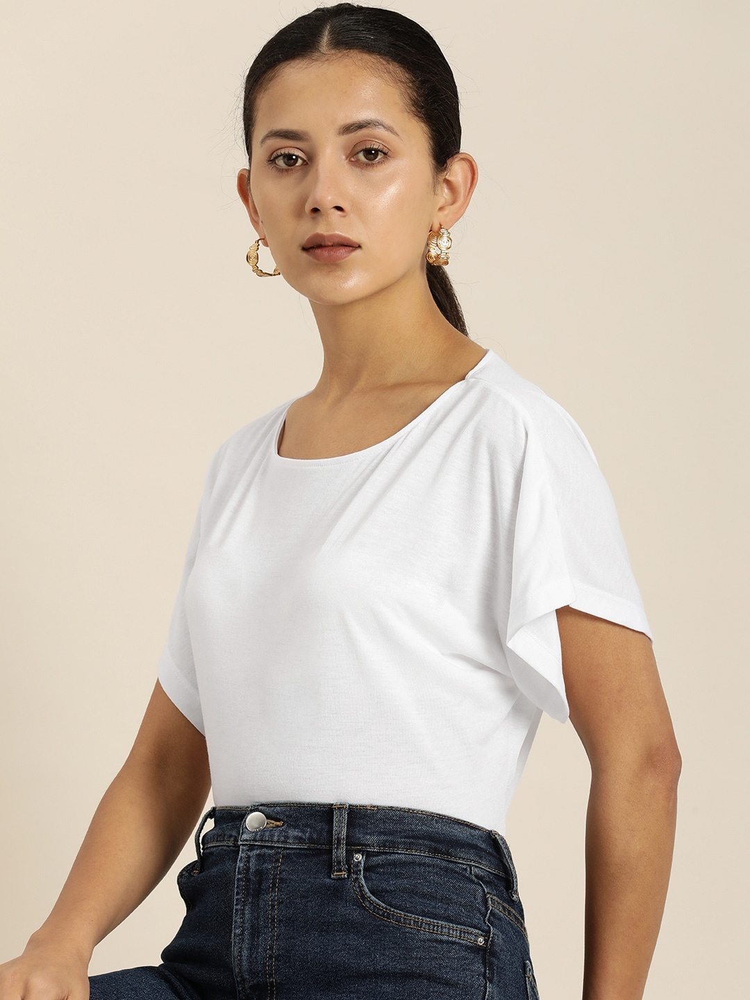 

her by invictus Solid Round-Neck Casual T-shirt, White