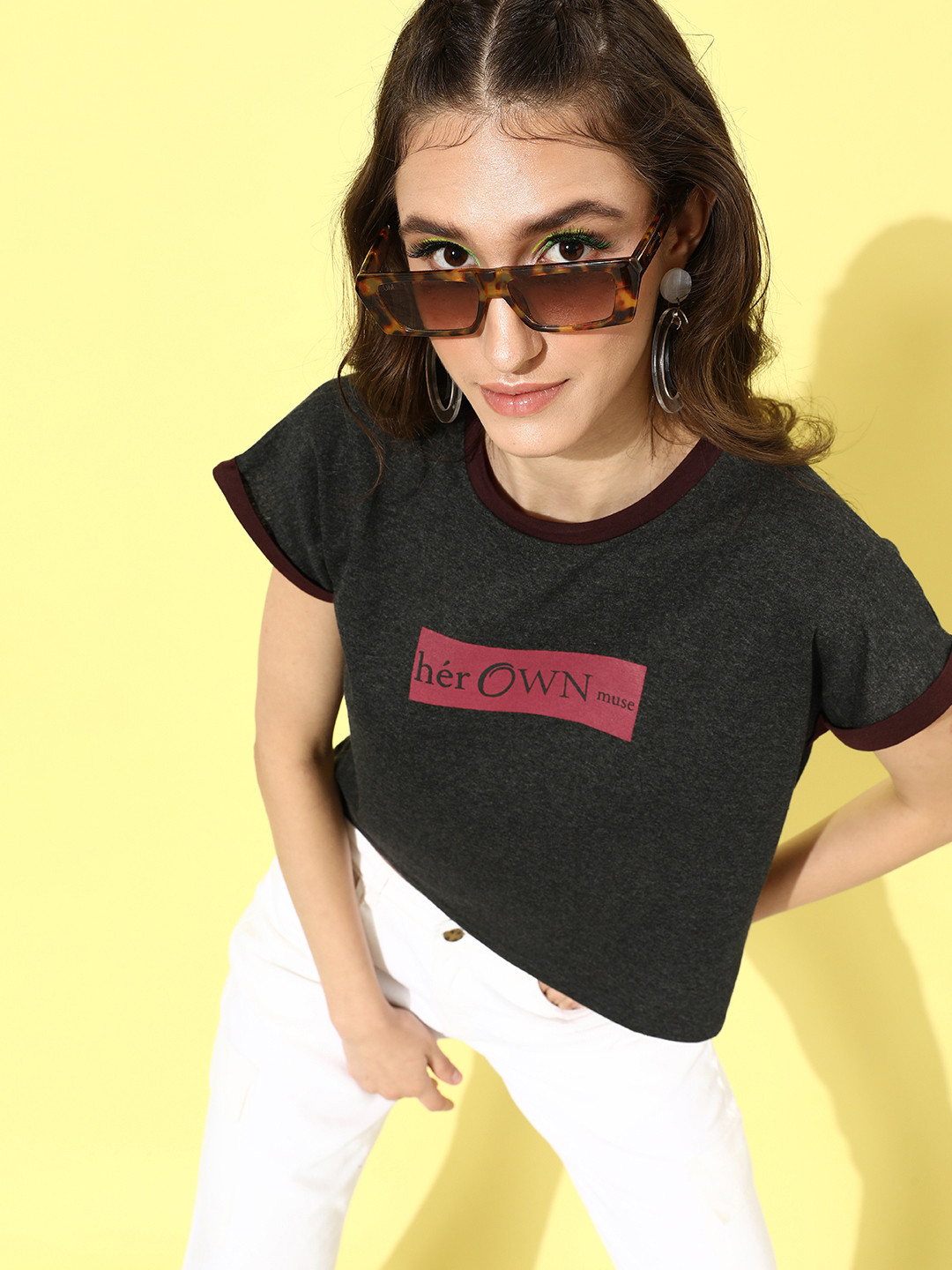 

her by invictus Charcoal Grey Vacay Chill Graphic High Printed T-shirt