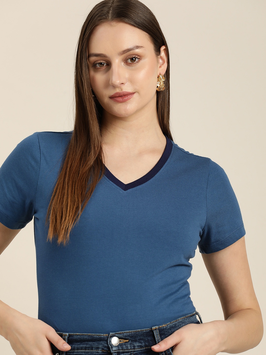 

her by invictus V-Neck Pure Cotton T-shirt, Blue