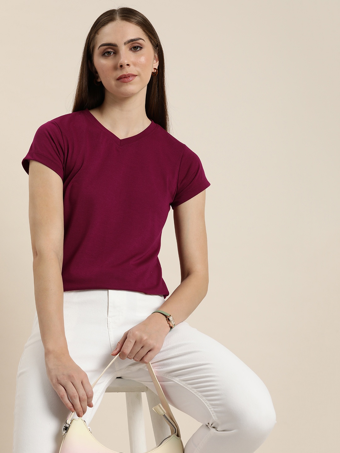 

her by invictus Women Solid V-Neck Casual T-shirt, Maroon