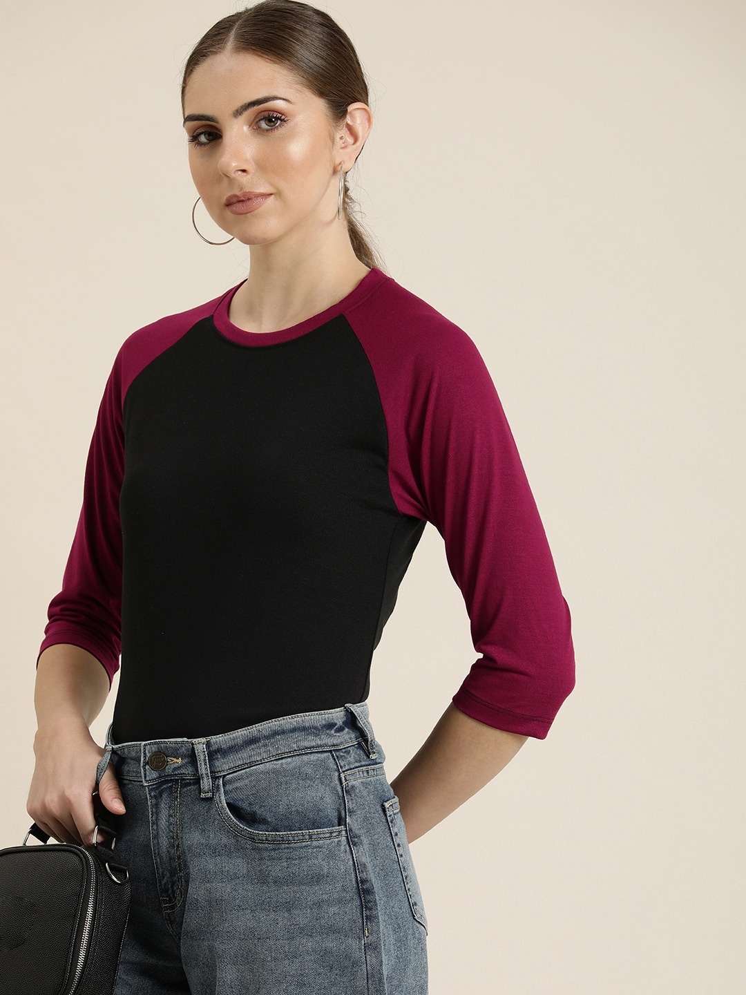

her by invictus Women Round Neck Contrast Color Long Sleeves T-shirt, Black