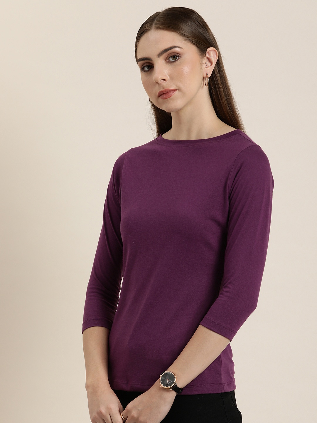 

her by invictus Women Solid Round Neck Casual T-shirt, Purple