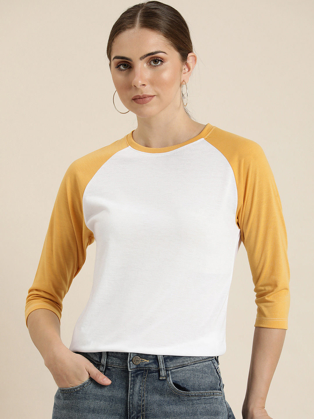 

her by invictus Women Round Neck Contrast Color Long Sleeves T-shirt, White