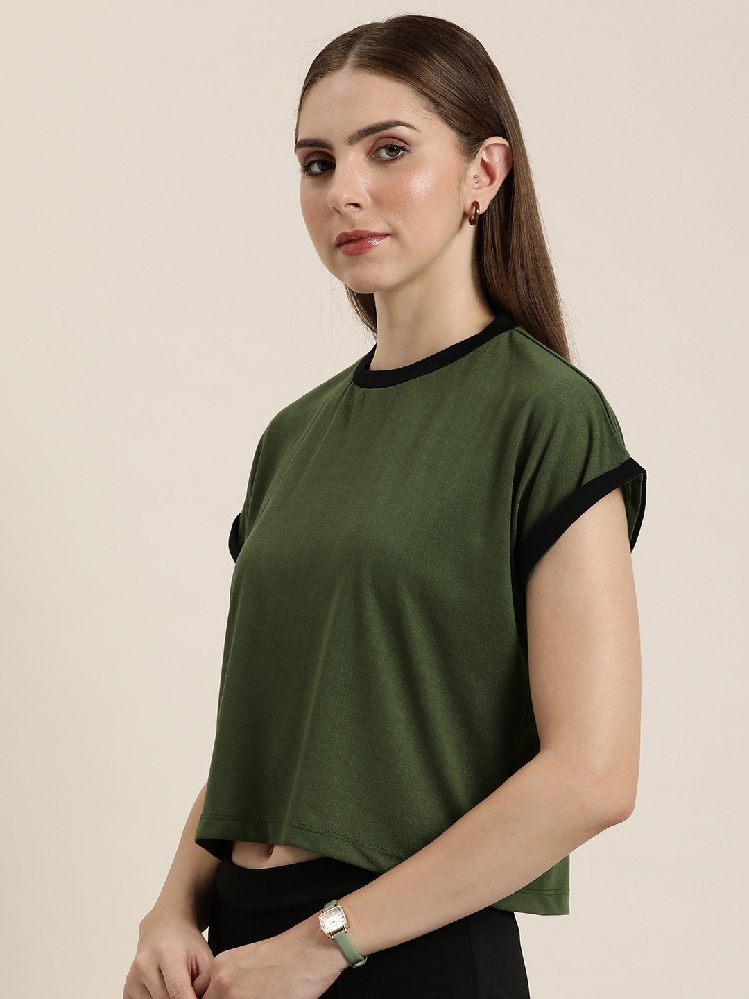 

her by invictus Women Solid Extended Sleeves Boxy Fit T-shirt, Olive