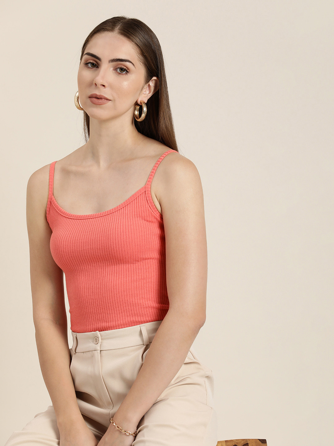 

her by invictus Ribbed Solid Shoulder Straps Top, Rose