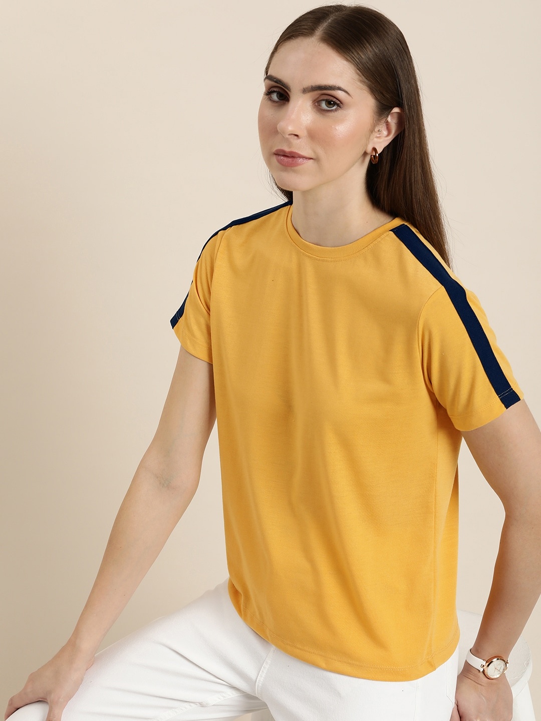 

her by invictus Round Neck Shoulder Striped Detail Pure Cotton T-shirt, Yellow