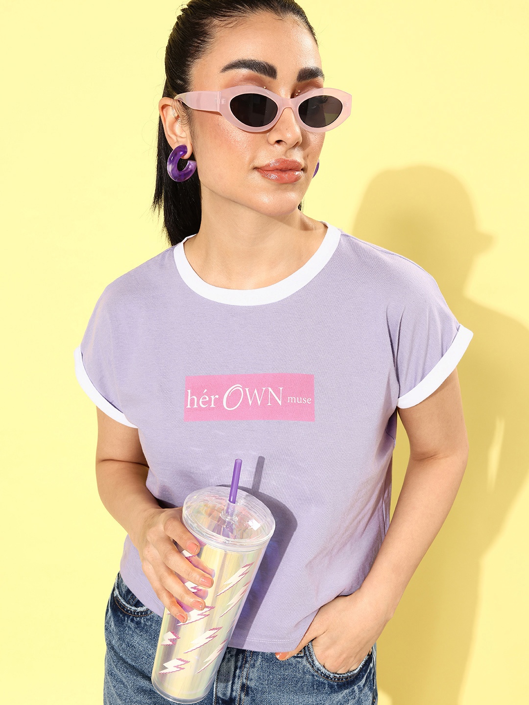 

her by invictus Pretty Lavender & Pink Graphic High Typography Printed T-shirt