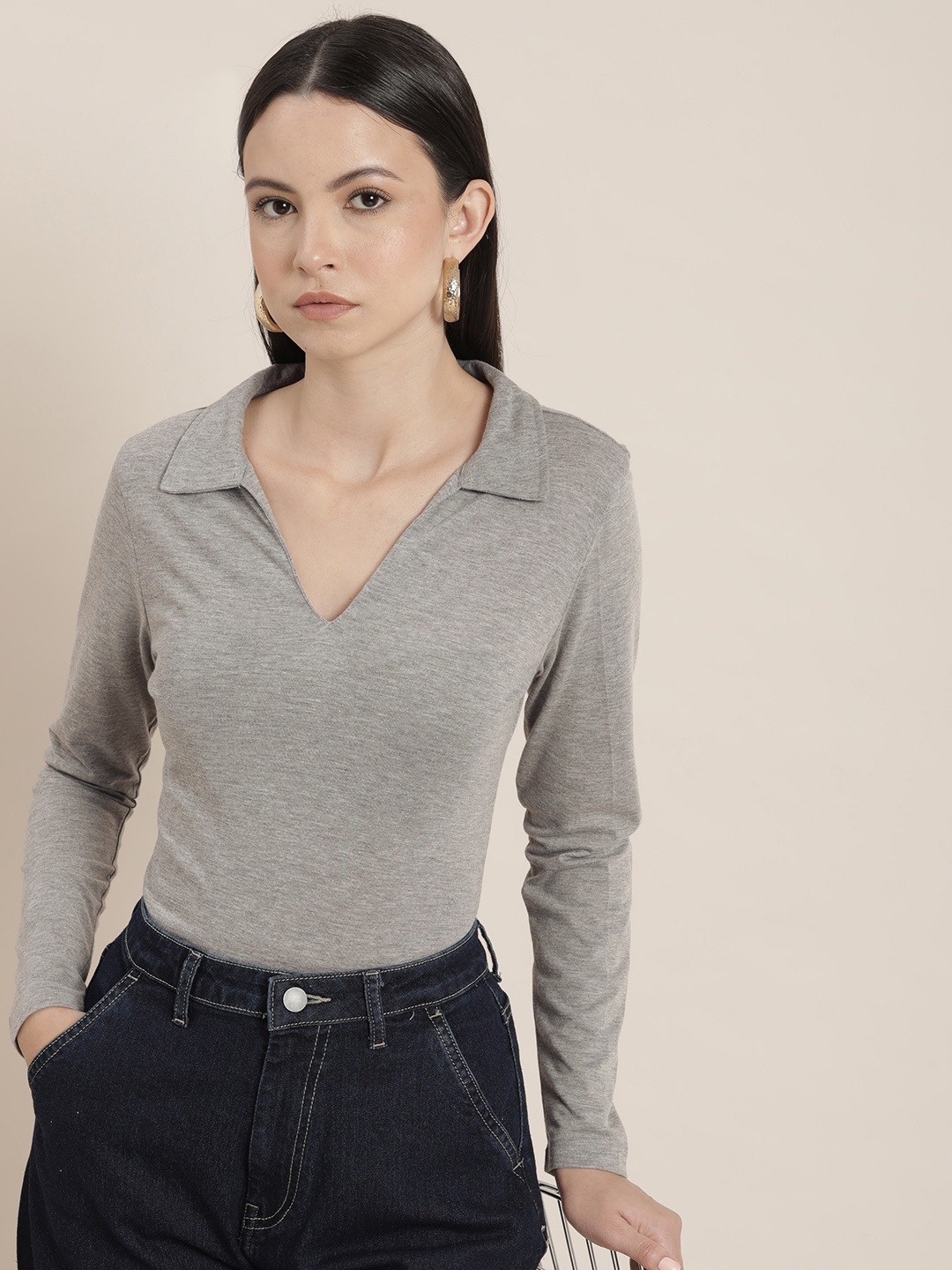 

her by invictus Polo Collar Long Sleeves T-shirt, Grey