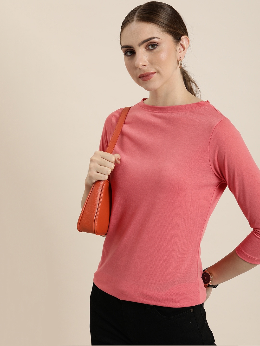 

her by invictus Women Solid Round Neck Casual T-shirt, Coral