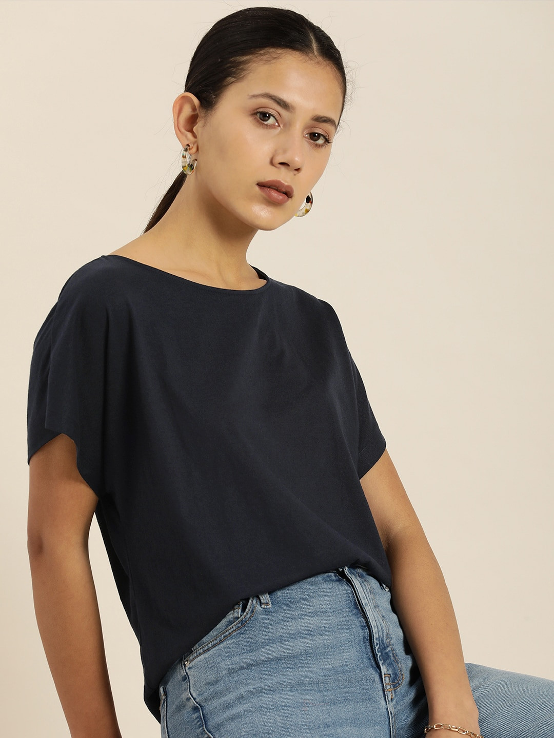 

her by invictus Solid Round-Neck Casual T-shirt, Navy blue