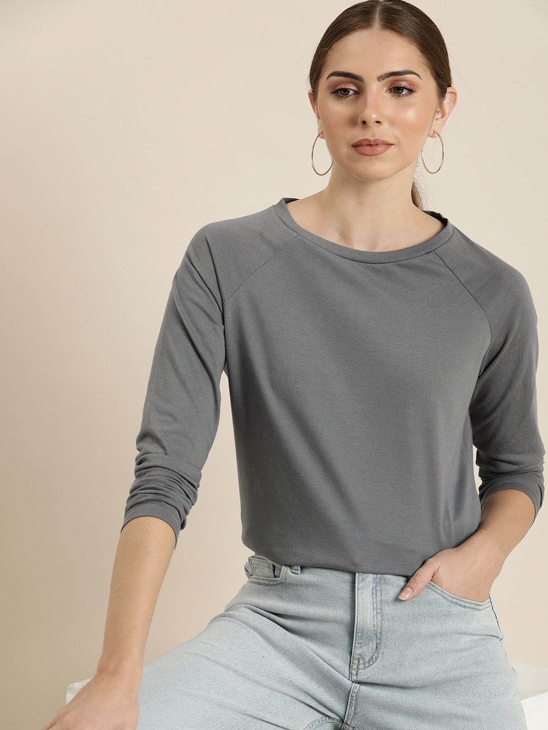 

her by invictus Long Raglan Sleeves T-shirt, Grey