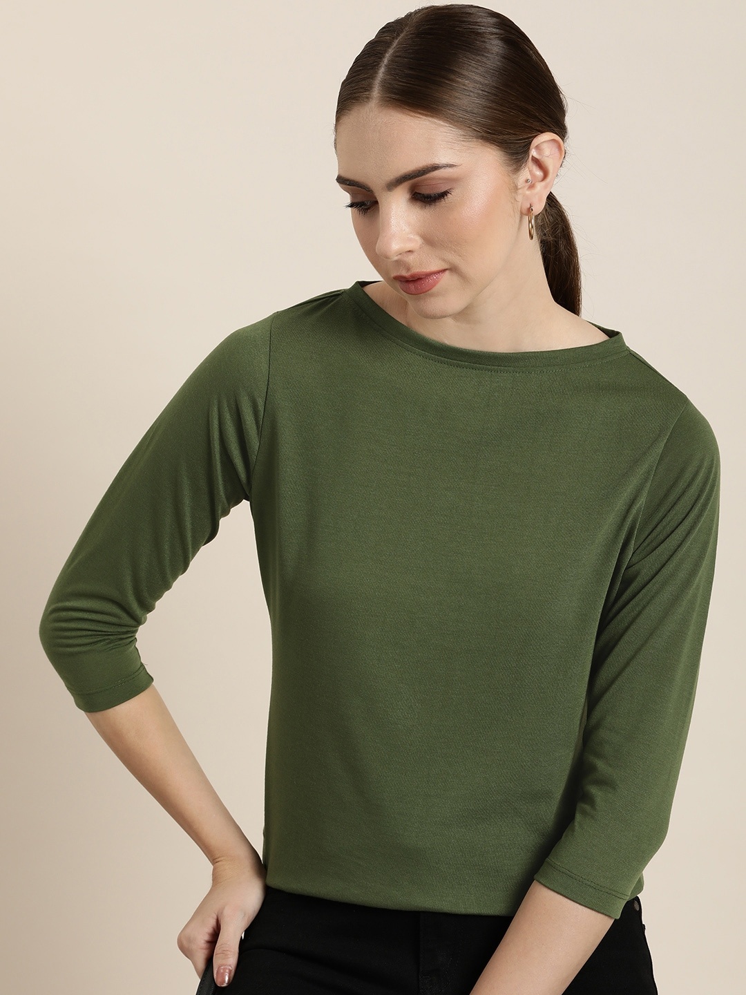 

her by invictus Women Solid Round Neck Casual T-shirt, Olive