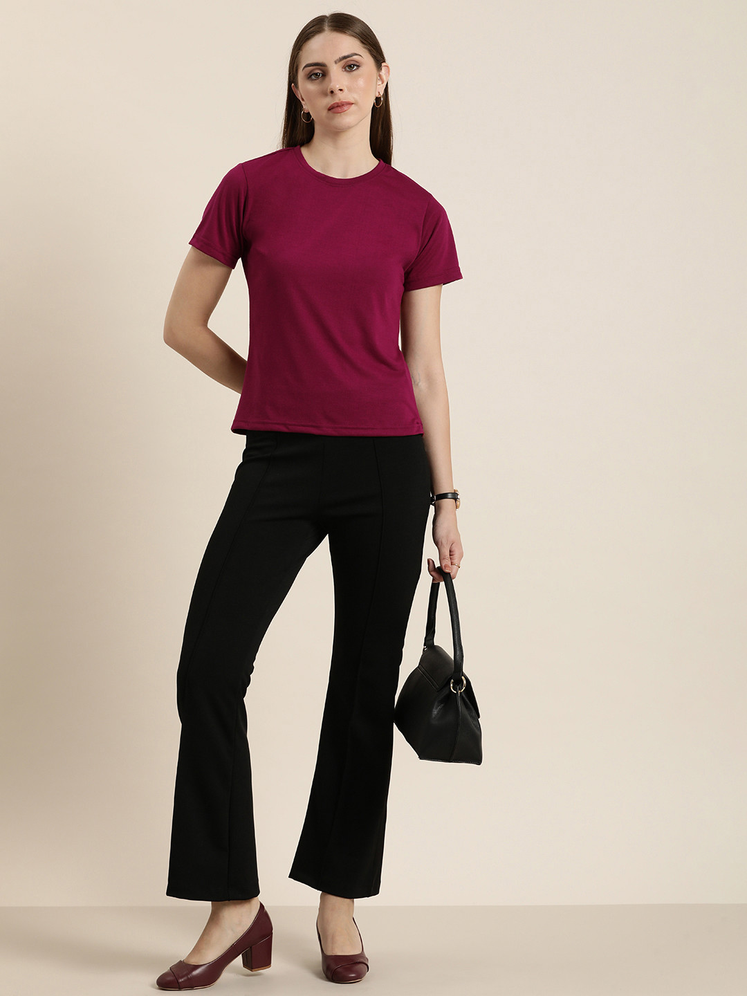

her by invictus Women Solid Round Neck Casual T-shirt, Burgundy