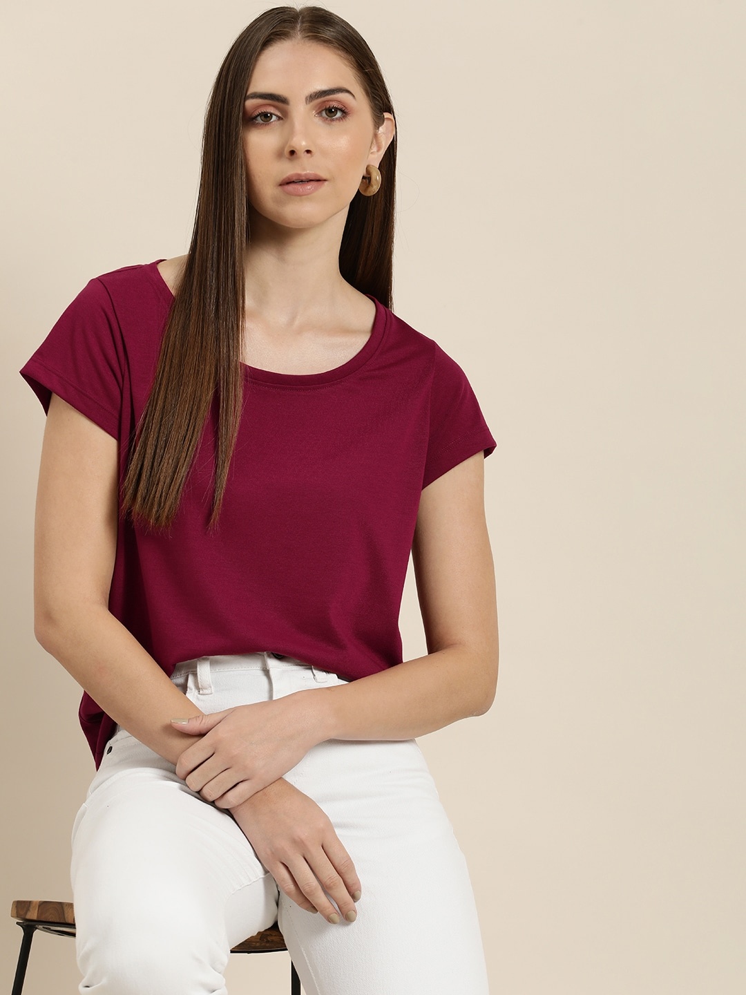 

her by invictus Solid Round-Neck Casual T-shirt, Maroon