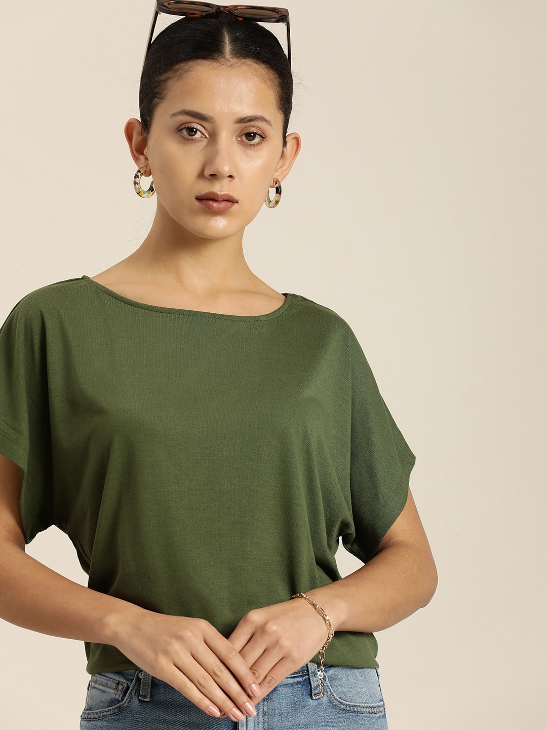 

her by invictus Solid Round-Neck Casual T-shirt, Olive