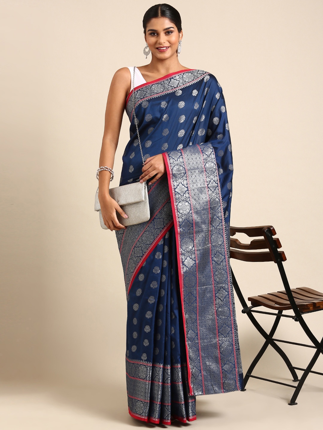 

Royal Rajgharana Saree Ethnic Motifs Zari Silk Blend Banarasi Saree, Navy blue