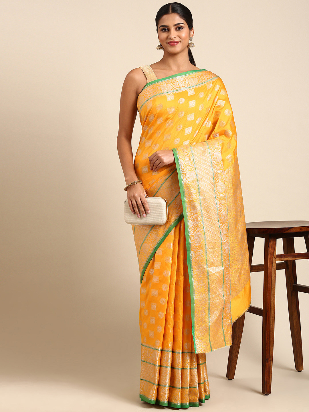 

Royal Rajgharana Saree Ethnic Motifs Zari Silk Blend Banarasi Saree, Yellow