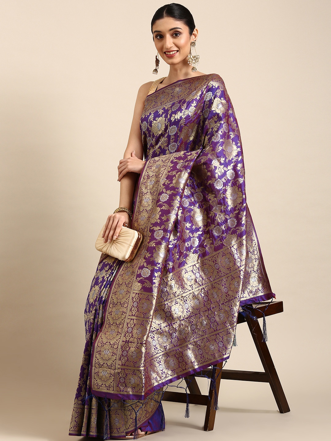 

Royal Rajgharana Saree Floral Zari Silk Blend Banarasi Sarees, Purple