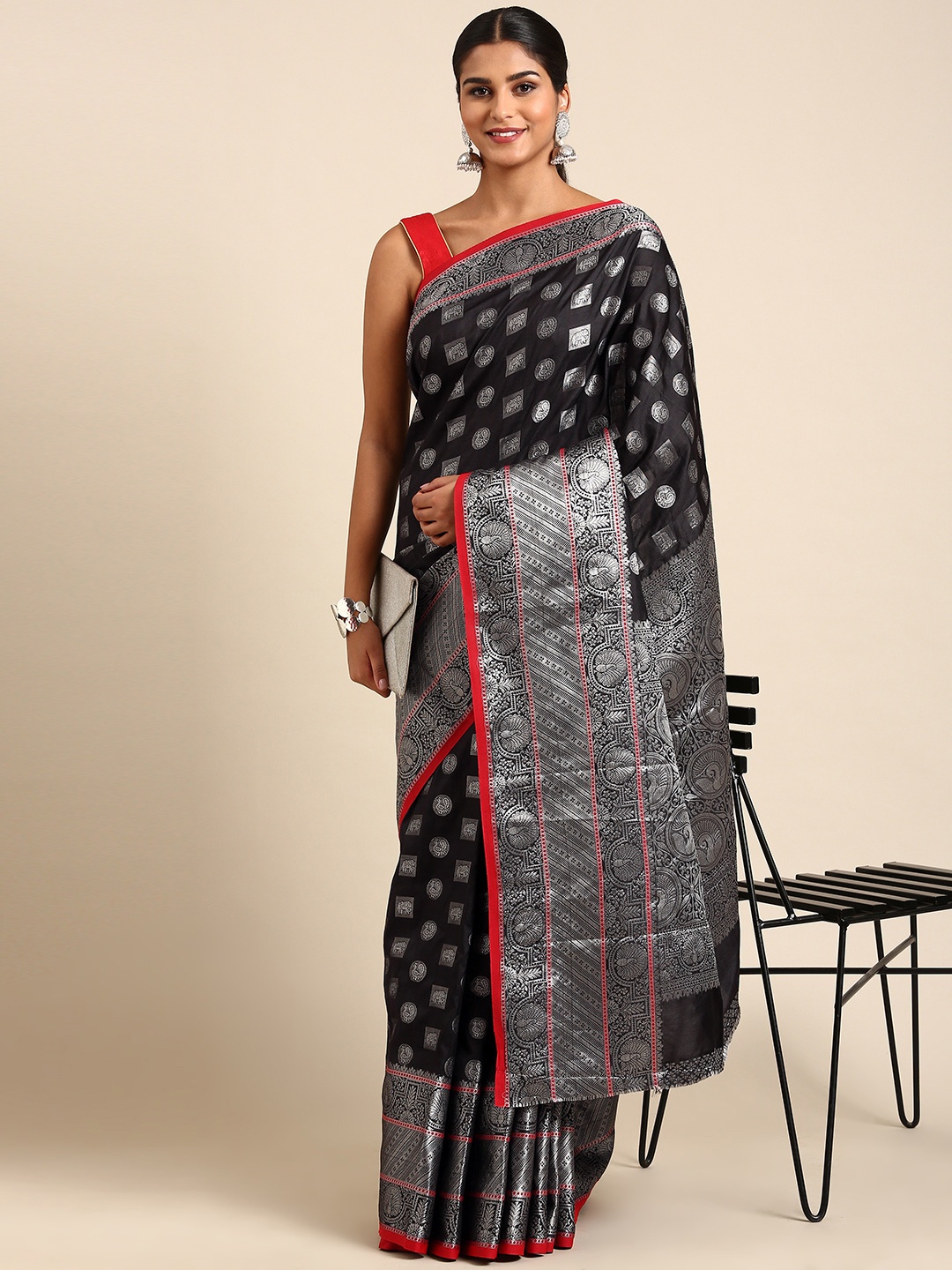 

Royal Rajgharana Saree Ethnic Motifs Zari Banarasi Saree, Black