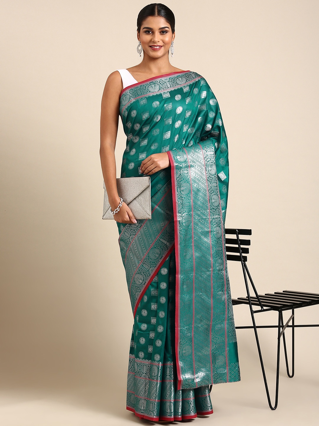 

Royal Rajgharana Saree Ethnic Motifs Zari Banarasi Saree, Teal
