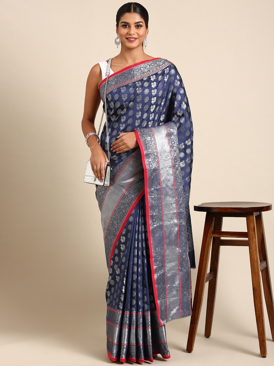 

Royal Rajgharana Saree Ethnic Motifs Zari Banarasi Sarees, Navy blue