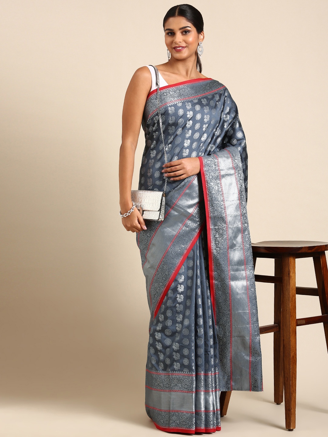 

Royal Rajgharana Saree Ethnic Motifs Zari Banarasi Sarees, Grey