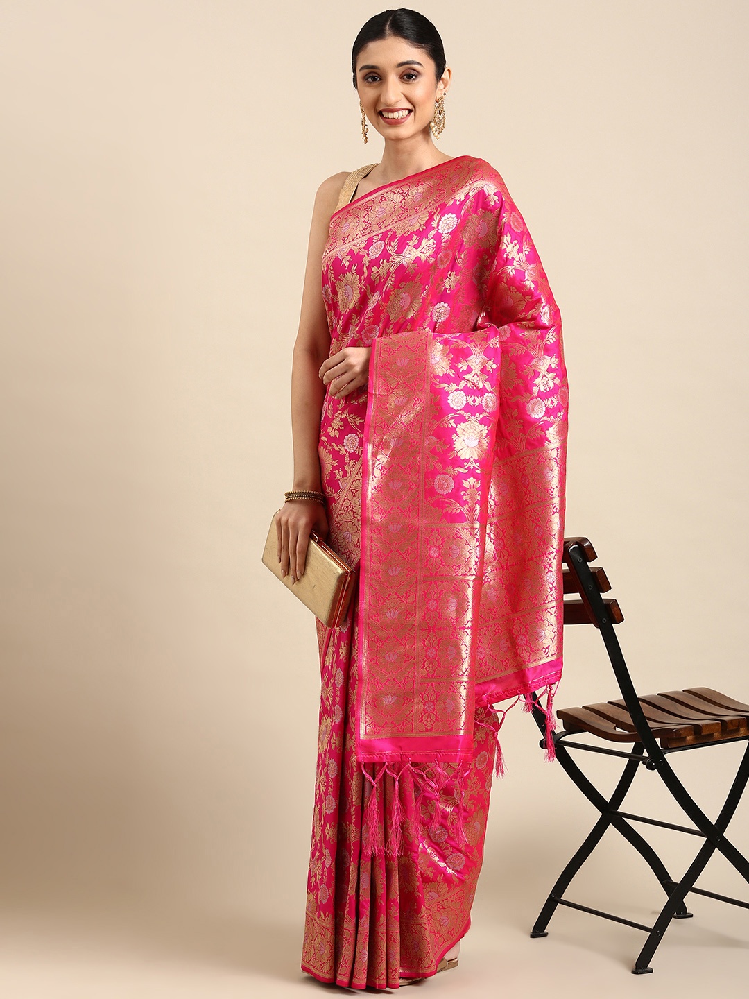 

Royal Rajgharana Saree Floral Silk Blend Banarasi Sarees, Pink