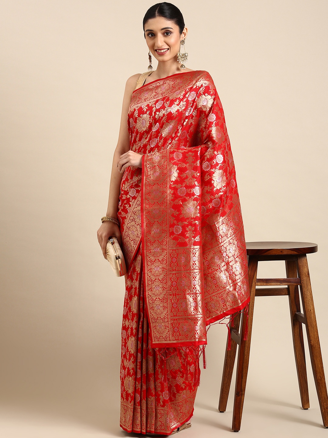 

Royal Rajgharana Saree Floral Zari Silk Blend Banarasi Sarees, Red